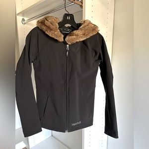 Marmot Black Softshell with faux fur lined hood. Size Small/Petite